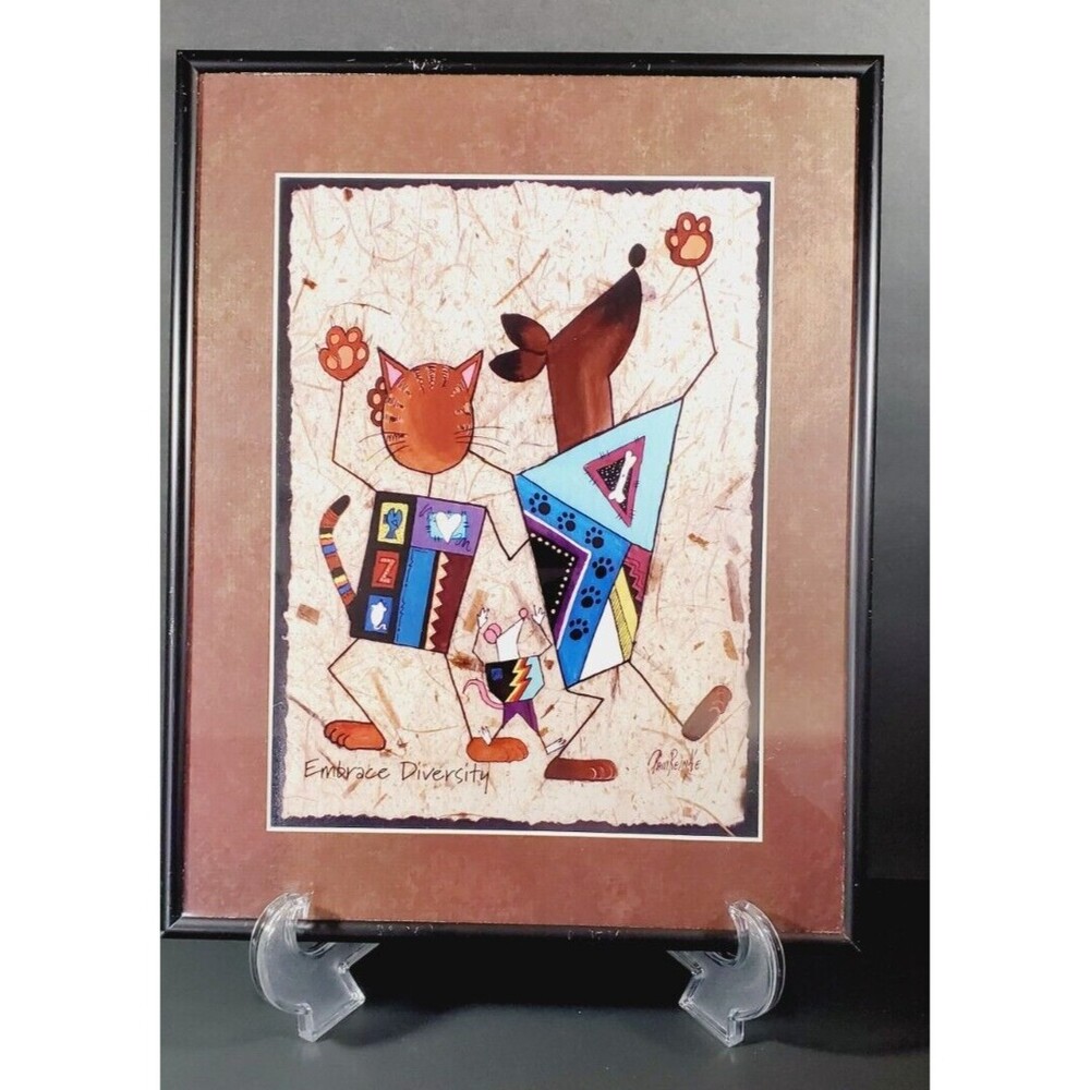 Embrace Diversity Painting Pam Reinke, Cat Dog Framed Print 11" x 14"